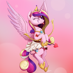 Size: 1500x1500 | Tagged: safe, artist:ncmares, princess cadance, alicorn, pony, g4, :p, arrow, bow (weapon), bow and arrow, clothes, crown, cupid, cupidance, cute, cutedance, female, flying, heart arrow, hoof shoes, jewelry, looking at you, mare, one eye closed, princess shoes, regalia, skirt, smiling, smiling at you, solo, spread wings, tongue out, watermark, weapon, wings, wink, winking at you