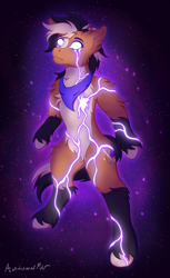 Size: 1685x2748 | Tagged: safe, artist:autumnsfur, oc, oc only, oc:autumnsfur, earth pony, pony, anthro, anthro oc, black mane, black tail, brown coat, brown fur, chest fluff, clothes, coat markings, digital art, earth pony oc, glowing, glowing eyes, male, ponysona, scarf, socks (coat markings), space, stallion, stars, tail, unshorn fetlocks, white eyes