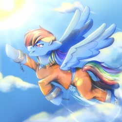 Size: 2048x2048 | Tagged: safe, artist:katieisthewolf, rainbow dash, broken chains, clothes, flying, prison break, prison outfit, prisoner, prisoner rd