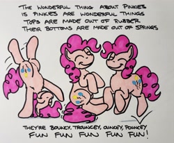 Size: 2048x1689 | Tagged: safe, artist:hoofclid, pinkie pie, earth pony, pony, g4, cartwheel, eyes closed, female, mare, marker drawing, smiling, solo, text, tigger, traditional art, winnie the pooh