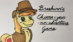 Size: 2047x1176 | Tagged: safe, artist:hoofclid, braeburn, earth pony, pony, g4, chest fluff, looking at you, male, marker drawing, smiling, smiling at you, solo, stallion, traditional art