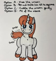 Size: 1864x2048 | Tagged: safe, artist:hoofclid, oc, oc only, oc:hoofclid, pony, unicorn, horn, implied braeburn, implied canon x oc, implied gay, implied shipping, looking at you, male, marker drawing, sitting, smiling, smiling at you, solo, stallion, tail, tail wag, traditional art, unshorn fetlocks