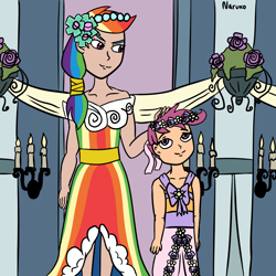 Size: 1280x1280 | Tagged: safe, artist:wrath-marionphauna, rainbow dash, scootaloo, human, a canterlot wedding, g4, my little pony: friendship is magic, candle, clothes, dress, flower, humanized, tied mane, window