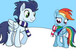 Size: 2139x1395 | Tagged: safe, artist:pinky cloudy, rainbow dash, soarin', pegasus, pony, g4, blushing, clothes, female, male, mare, scarf, ship:soarindash, shipping, snow, stallion, straight, winter