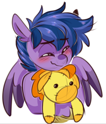 Size: 552x647 | Tagged: safe, artist:lrusu, spitfire, oc, oc:simple sæmple, original species, pegasus, plush pony, pony, g4, blushing, plushie, simple background, smiling, solo, white background