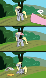 Size: 1920x3240 | Tagged: safe, artist:platinumdrop, derpy hooves, pinkie pie, earth pony, pegasus, pony, g4, my little pony: friendship is magic, rock solid friendship, 3 panel comic, abuse, comic, commission, confused, derpybuse, female, floppy ears, food, hoof pointing, looking at someone, lying down, mare, offscreen character, outdoors, pizza, pizza box, pointing, prone, scrunchy face, surprised, teary eyes, throwing, wings, wings down