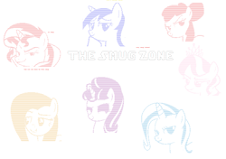 Size: 1066x752 | Tagged: safe, apple bloom, diamond tiara, fluttershy, minuette, starlight glimmer, sunset shimmer, trixie, pony, g4, ascii art, female, mare, smug, text