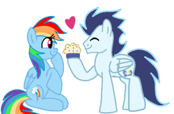 Size: 478x314 | Tagged: safe, rainbow dash, soarin', pegasus, pony, g4, female, food, male, mare, muffin, ship:soarindash, shipping, stallion, straight