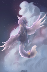 Size: 839x1280 | Tagged: safe, artist:limiller, oc, oc only, pegasus, pony, bow, cloud, female, flying, mare, night, sky, solo, spread wings, stars, wings