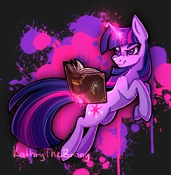 Size: 789x809 | Tagged: safe, artist:kathrynthebrony, part of a set, twilight sparkle, pony, unicorn, fighting is magic, g4, abstract background, book, female, glowing, glowing horn, horn, mare, smiling, smirk, solo, unicorn twilight