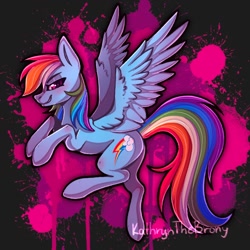 Size: 1000x1000 | Tagged: safe, artist:kathrynthebrony, part of a set, rainbow dash, pegasus, pony, g4, abstract background, female, mare, smiling, smirk, solo, spread wings, wings