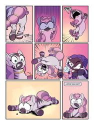 Size: 768x1024 | Tagged: safe, artist:yancey labat, idw, screencap, mariama, skye, violette rainbow, pony, unicorn, zebra, g5, my little pony: skye's secret, braces, dialogue, dreadlocks, female, filly, foal, horn, jumping, mare, one eye closed, onomatopoeia, ouch, pain, pinpoint eyes, rock, shocked, shocked expression, sound effects, speech bubble, stepping on something, tail, unshorn fetlocks, vitiligo, walking backwards, wide eyes, wince