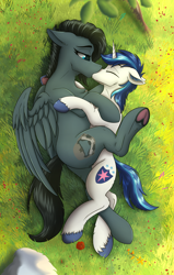 Size: 2160x3400 | Tagged: safe, alternate version, artist:crimsonwolf360, shining armor, oc, oc only, oc:noble six, pegasus, unicorn, g4, cuddling, duo, duo male and female, female, flower, grass, grass field, horn, infidelity, infidelity armor, kissing, male, mare, outdoors, partially open wings, size difference, smaller male, snuggling, stallion, wings