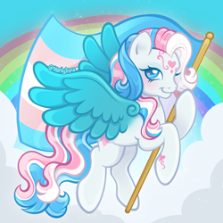 Size: 2400x2400 | Tagged: safe, artist:sparkytopia, star catcher, pegasus, pony, g3, blue eyes, colored wings, facial markings, female, flying, looking at you, mare, multicolored hair, outdoors, pride, pride flag, rainbow, solo, spread wings, transgender pride flag, white coat, wings