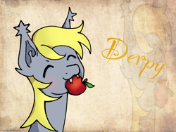 Size: 1080x810 | Tagged: safe, artist:lipona, derpy hooves, bat pony, pegasus, pony, undead, vampire, vampony, g4, my little pony: friendship is magic, apple, blushing, cute, derp, eyes closed, fangs, food, grayscale, monochrome, simple background, yellow mane