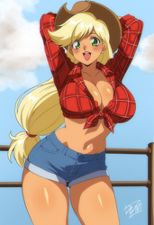 Size: 1639x2391 | Tagged: safe, artist:dezmi, applejack, human, equestria girls, g4, absolute cleavage, anime, applejack's hat, arm behind head, belly, belly button, big breasts, breasts, cleavage, clothes, cowboy hat, daisy dukes, female, front knot midriff, hat, midriff, open mouth, outdoors, pinup, shorts, sky, smiling, solo