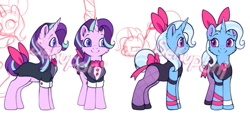 Size: 571x261 | Tagged: safe, artist:sekuponi, starlight glimmer, trixie, pony, unicorn, g4, bowtie, clothes, duo, female, fishnet clothing, fishnet stockings, horn, mare, stockings, thigh highs, watermark, wip