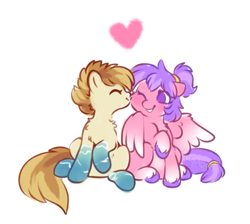 Size: 715x640 | Tagged: safe, artist:sekuponi, oc, oc only, oc:blush rush, earth pony, pegasus, pony, cheek kiss, chest fluff, duo, female, floating heart, heart, kissing, male, mare, oc x oc, shipping, simple background, sitting, stallion, straight, unshorn fetlocks, white background