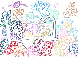 Size: 1037x764 | Tagged: safe, artist:sekuponi, oc, oc only, oc:sweet vibes, draconequus, earth pony, pegasus, pony, unicorn, bathtub, bow, brush, bubble, bucket, donut, eyepatch, female, food, furry, hair bow, hoof hold, horn, loofah, magic, male, mare, rubber duck, shampoo, shower, showering, showering together, sketch, smelly, soap, sponge, stallion, telekinesis