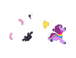 Size: 1300x1000 | Tagged: safe, artist:sekuponi, oc, oc only, oc:sweet vibes, earth pony, pony, bipedal, clothes, female, fried egg, frying pan, mare, pansexual pride flag, pride, pride flag, running, shirt, simple background, socks, solo, t-shirt, trenchcoat, white background