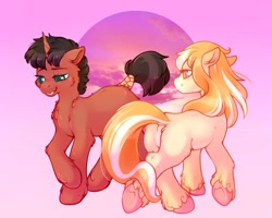 Size: 1000x800 | Tagged: safe, artist:sekuponi, oc, oc only, oc:orange creme, earth pony, pony, unicorn, duo, gay, horn, male, oc x oc, shipping, stallion, unshorn fetlocks