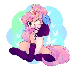 Size: 1200x1094 | Tagged: safe, artist:sekuponi, oc, oc only, butterfly, earth pony, pony, abstract background, beauty mark, clothes, ear piercing, earring, female, jewelry, mare, one eye closed, open mouth, open smile, piercing, sitting, smiling, socks, solo