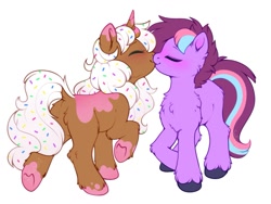 Size: 1243x937 | Tagged: safe, artist:sekuponi, oc, oc:donut daydream, oc:sweet vibes, earth pony, pony, unicorn, blushing, cheek fluff, chest fluff, donut, duo, eyes closed, female, food, horn, kiss on the lips, kissing, lesbian, mare, oc x oc, shipping, simple background, unshorn fetlocks, white background