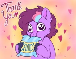 Size: 1246x967 | Tagged: safe, artist:sekuponi, oc, oc only, oc:sweet vibes, earth pony, pony, candy, eating, female, floating heart, food, heart, mare, solo, thank you, unshorn fetlocks