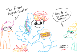 Size: 1166x790 | Tagged: safe, artist:tjpones, rainbow dash, scootaloo, zephyr breeze, pegasus, pony, g4, belly button, burger, doodle, female, filly, foal, food, hoof hold, mare, meat, outie belly button, ponies eating meat, preggo dash, pregnant, simple background, smiling, speech bubble, text, trio, white background