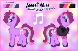 Size: 1530x1000 | Tagged: safe, artist:sekuponi, oc, oc:sweet vibes, earth pony, pony, cheek fluff, chest fluff, clothes, female, headphones, hoodie, mare, reference sheet, solo, unshorn fetlocks