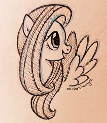 Size: 2457x2813 | Tagged: safe, artist:dariarchangel, fluttershy, pegasus, pony, g4, :d, adorable face, bust, cute, cute face, cute smile, female, long hair, long mane, mare, monochrome, open mouth, open smile, pegasus wings, pen drawing, pen sketch, portrait, shyabetes, sketch, smiling, solo, spread wings, traditional art, wings