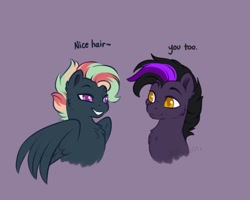 Size: 904x723 | Tagged: safe, artist:sekuponi, oc, oc only, earth pony, pegasus, pony, bust, chest fluff, compliment, duo, explicit source, male, purple background, simple background, stallion