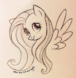 Size: 2621x2710 | Tagged: safe, artist:dariarchangel, fluttershy, pegasus, pony, g4, adorable face, bust, cute, cute face, cute smile, female, long hair, long mane, mare, monochrome, pegasus wings, pen drawing, pen sketch, portrait, shyabetes, sketch, solo, spread wings, traditional art, wings