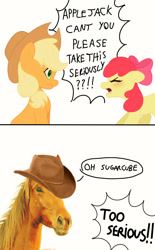 Size: 2480x4000 | Tagged: safe, artist:starburstuwu, apple bloom, applejack, earth pony, horse, pony, g4, 2 panel comic, apple sisters, bust, comic, dialogue, duo, duo female, ears back, eyes closed, female, filly, foal, high res, hoers, irl horse, mare, meme, open mouth, ponified meme, recolored hoers, siblings, simple background, sisters, speech bubble, white background, yelling