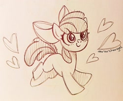 Size: 2606x2137 | Tagged: safe, artist:dariarchangel, apple bloom, earth pony, pony, g4, adorable face, adorabloom, apple bloom's bow, blank flank, bow, c:, cute, cute face, cute smile, female, filly, foal, full body, hair bow, heart, mare, monochrome, pen drawing, pen sketch, sketch, smiling, smol, solo, traditional art