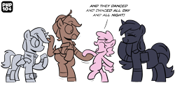 Size: 1700x900 | Tagged: safe, artist:php104, oc, oc only, oc:calamity, oc:littlepip, oc:pinkie bell, oc:silver bell, oc:velvet remedy, pegasus, pony, unicorn, fallout equestria, bipedal, clothes, dancing, dress, female, filly, foal, gun, hat, horn, jumpsuit, laughing, simple background, speech bubble, transparent background, vault suit, weapon