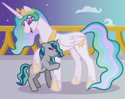 Size: 3590x2850 | Tagged: safe, artist:artisticwerks, princess celestia, oc, oc:light breeze, alicorn, pony, g4, female, hug, life's a breeze, mare, size difference