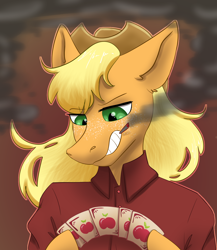 Size: 1300x1500 | Tagged: safe, artist:lien_kitoki, part of a set, applejack, earth pony, semi-anthro, g4, bust, cigarette, clothes, female, grin, holding, hoof hold, playing card, shirt, smiling, smoking, solo