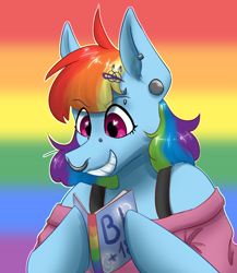 Size: 1300x1500 | Tagged: safe, artist:lien_kitoki, part of a set, rainbow dash, semi-anthro, g4, book, bust, clothes, ear piercing, female, fujoshi, grin, hoof hold, nose piercing, nose ring, piercing, reading, smiling, solo