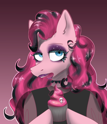 Size: 1300x1500 | Tagged: safe, artist:lien_kitoki, part of a set, pinkie pie, earth pony, semi-anthro, g4, bust, choker, clothes, cupcake, emo, eyeshadow, female, food, goth, holding, lipstick, makeup, open mouth, solo