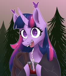 Size: 1300x1500 | Tagged: safe, artist:lien_kitoki, part of a set, twilight sparkle, pony, undead, unicorn, vampire, vampony, semi-anthro, g4, backpack, blood, bottle, bust, clothes, drinking straw, female, holding, horn, looking at you, open mouth, outdoors, slit pupils, smiling, solo