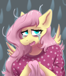 Size: 1300x1500 | Tagged: safe, artist:lien_kitoki, part of a set, fluttershy, pegasus, semi-anthro, g4, bust, clothes, crying, female, handkerchief, holding, open mouth, solo, teary eyes, wavy mouth