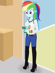 Size: 1920x2560 | Tagged: safe, artist:gibsterboy5, rainbow dash, human, equestria girls, g4, beautiful, belt, belt buckle, boots, breasts, clothes, complex background, cute, cutie mark on clothes, dashabetes, denim, female, geode of super speed, high heel boots, high heels, indoors, jeans, jewelry, leather, leather boots, looking down, magical geodes, multicolored hair, necklace, overknee boots, pants, phone, platform boots, platform heels, platform shoes, rainbow hair, sexy, shoes, signature, solo, standing, studded belt, tank top, thigh boots, vector background, woman, wristband