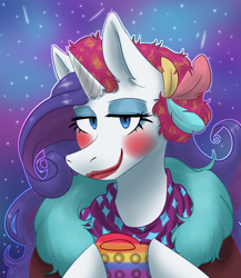 Size: 1300x1500 | Tagged: safe, artist:lien_kitoki, part of a set, rarity, unicorn, semi-anthro, g4, bust, clothes, clown makeup, female, holding, horn, looking at you, pop it, smiling, solo