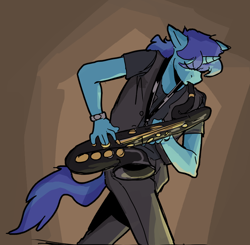 Size: 898x881 | Tagged: safe, artist:double-zr-tap, oc, oc only, oc:rocky blues, unicorn, anthro, plantigrade anthro, clothes, commission, commissioner:legionofblues, horn, male, musical instrument, saxophone, simple background, stallion, stallion oc, unicorn oc, wristband