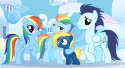 Size: 750x411 | Tagged: safe, artist:sapphiretwinkle, rainbow dash, soarin', pegasus, pony, g4, colt, female, foal, male, mare, offspring, parent:rainbow dash, parent:soarin', parents:soarindash, ship:soarindash, shipping, stallion, straight