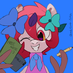 Size: 4096x4096 | Tagged: safe, artist:metaruscarlet, oc, oc only, oc:metaru scarlet, pegasus, pony, blue background, clothes, english, flower, flower in hair, grin, leaves, leaves in hair, notebook, one eye closed, pegasus oc, pencil, simple background, smiling, solo, spotted, spread wings, tablet, text, wing hands, wings, wink