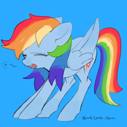 Size: 4096x4096 | Tagged: safe, artist:metaruscarlet, rainbow dash, pegasus, pony, g4, blue background, emanata, eyes closed, folded wings, open mouth, simple background, solo, stretching, wings, yawn