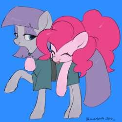 Size: 4096x4096 | Tagged: safe, artist:metaruscarlet, maud pie, pinkie pie, earth pony, pony, g4, blue background, clothes, female, hug, hug from behind, looking at someone, raised hoof, siblings, simple background, sisters, tongue out