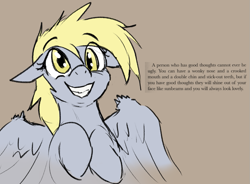 Size: 933x685 | Tagged: safe, artist:sleepyhoers, derpy hooves, pegasus, pony, g4, female, happy, mare, quote, roald dahl, simple background, smiling, solo, wings